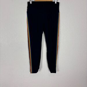 Zyia Active Navy Blue with Rainbow Striped Side High Waisted Leggings Women's Si